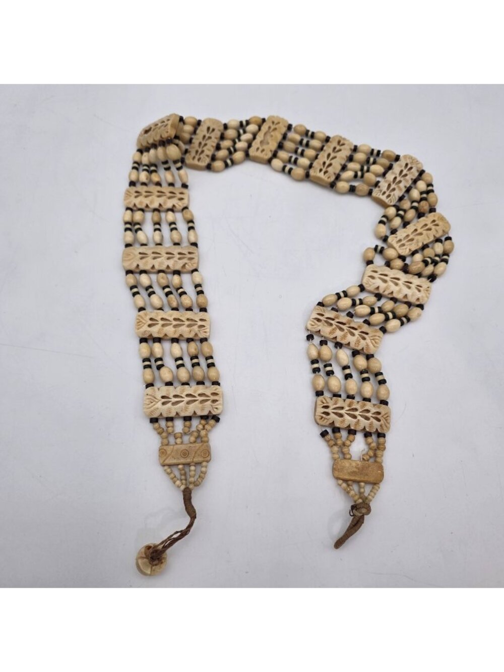 Handcrafted Beaded Bone Belt Carved Panels & Button Closure Natural Boho Style